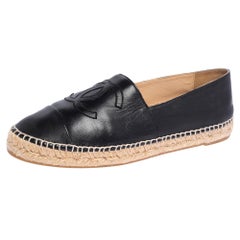 Chanel Black Leather CC Cap Toe Espadrille Flats Size 42