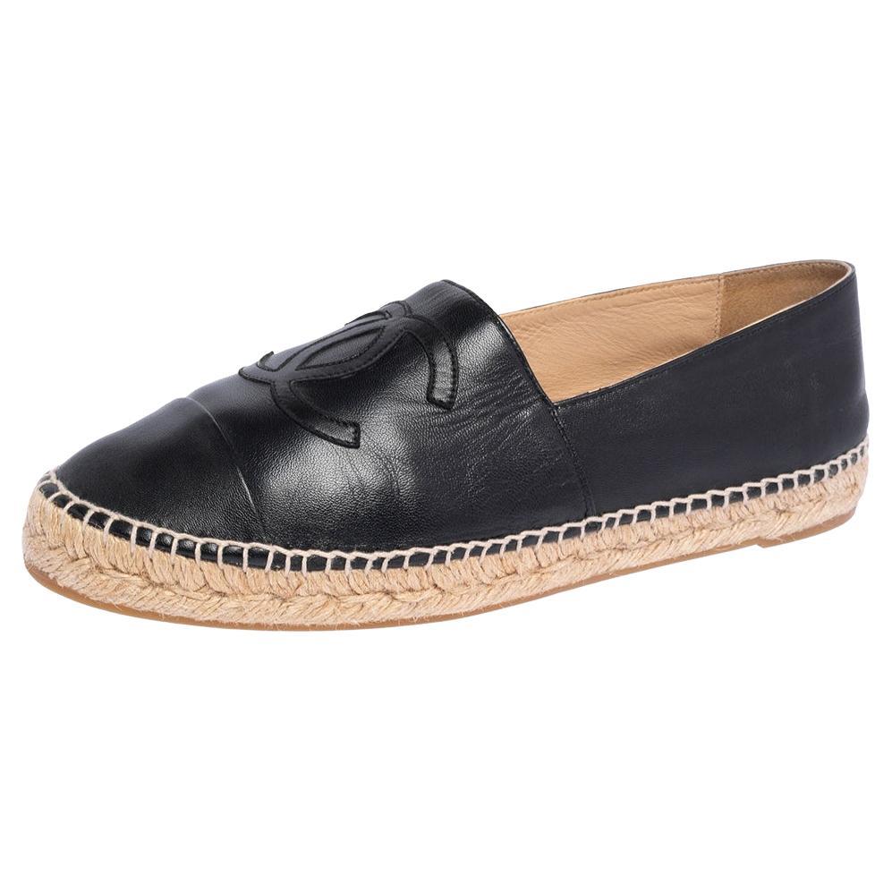 Chanel Black Leather CC Cap Toe Espadrille Flats Size 42