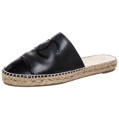 Chanel Black Leather CC Cap Toe Espadrille Mules Size 39