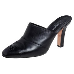 Chanel Black Leather CC Cap Toe Mule Sandals Size 40.5