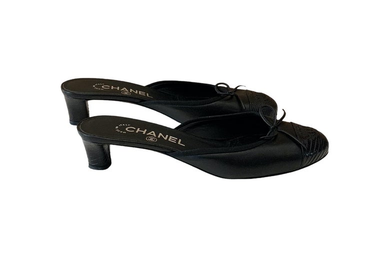 Chanel Black Leather CC Cap Toe Mules at 1stDibs  chanel calfskin mules,  chanel ballet mules, chanel velvet mules