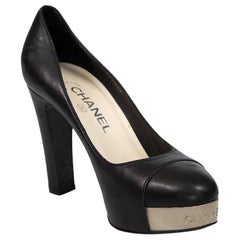 Chanel Black Leather CC Cap Toe Platform Pumps Size IT 37.5