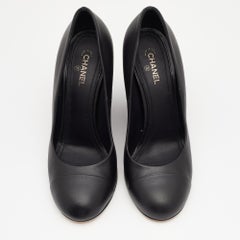 Chanel Black Leather CC Cap Toe Wedge Pumps Size 39