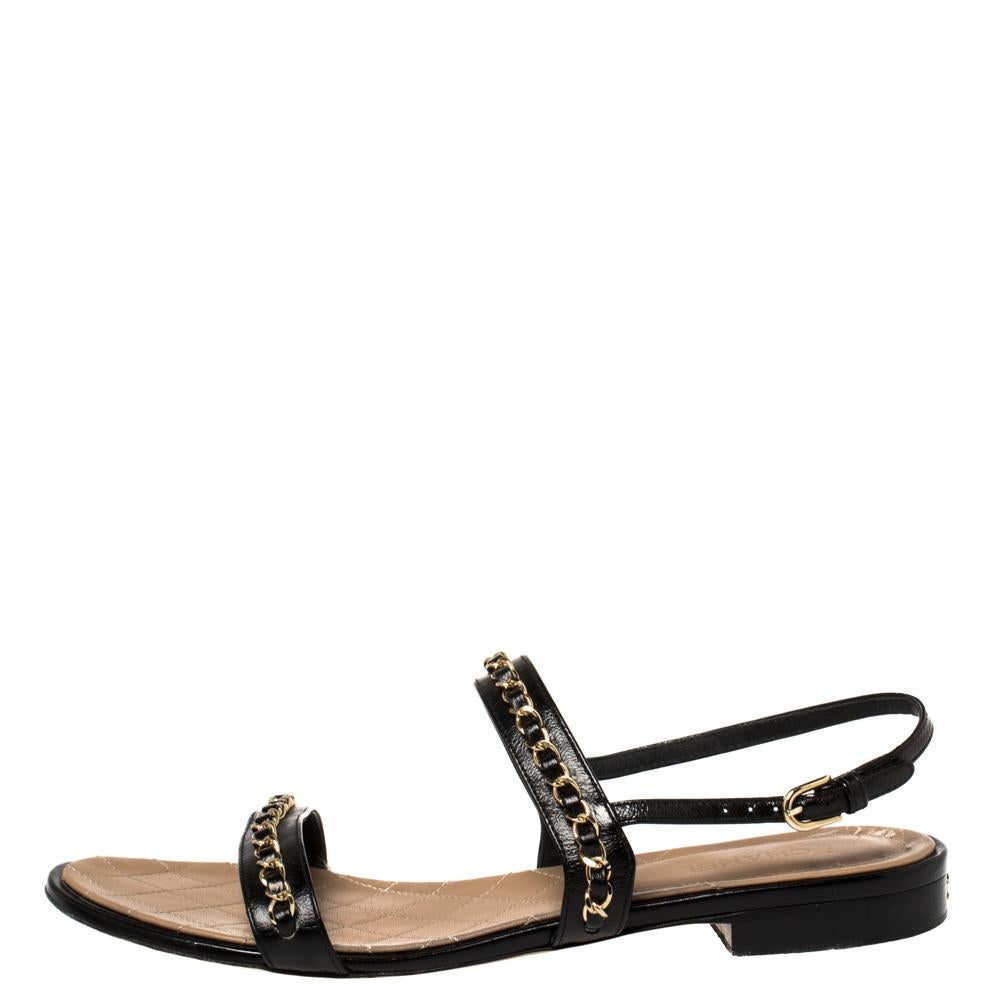 Chanel Schwarz Leder CC Kette Detail Slingback flache Sandalen Größe 41 1