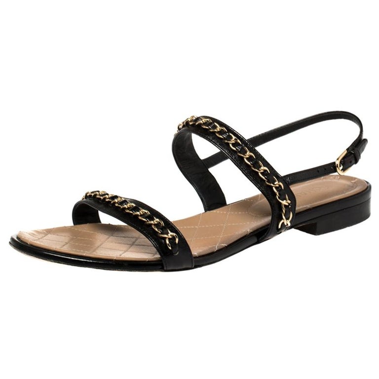 Chanel Navy Blue Quilted Leather Grosgrain CC Logo Chain Flats Thongs Sandals