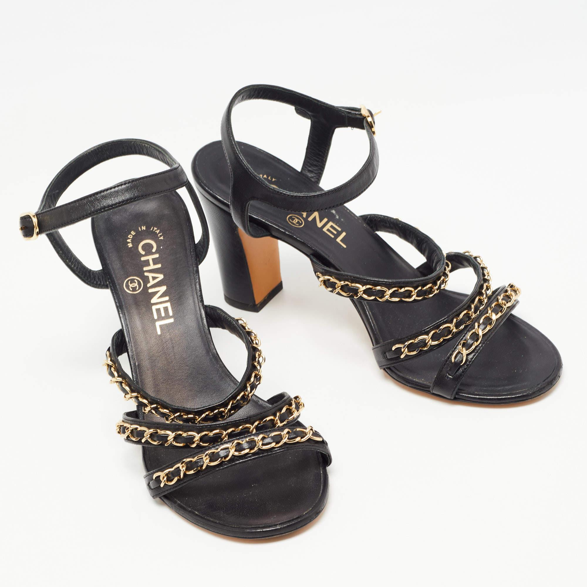 Chanel Black Leather CC Chain Detail Strappy Sandals Size 37 1