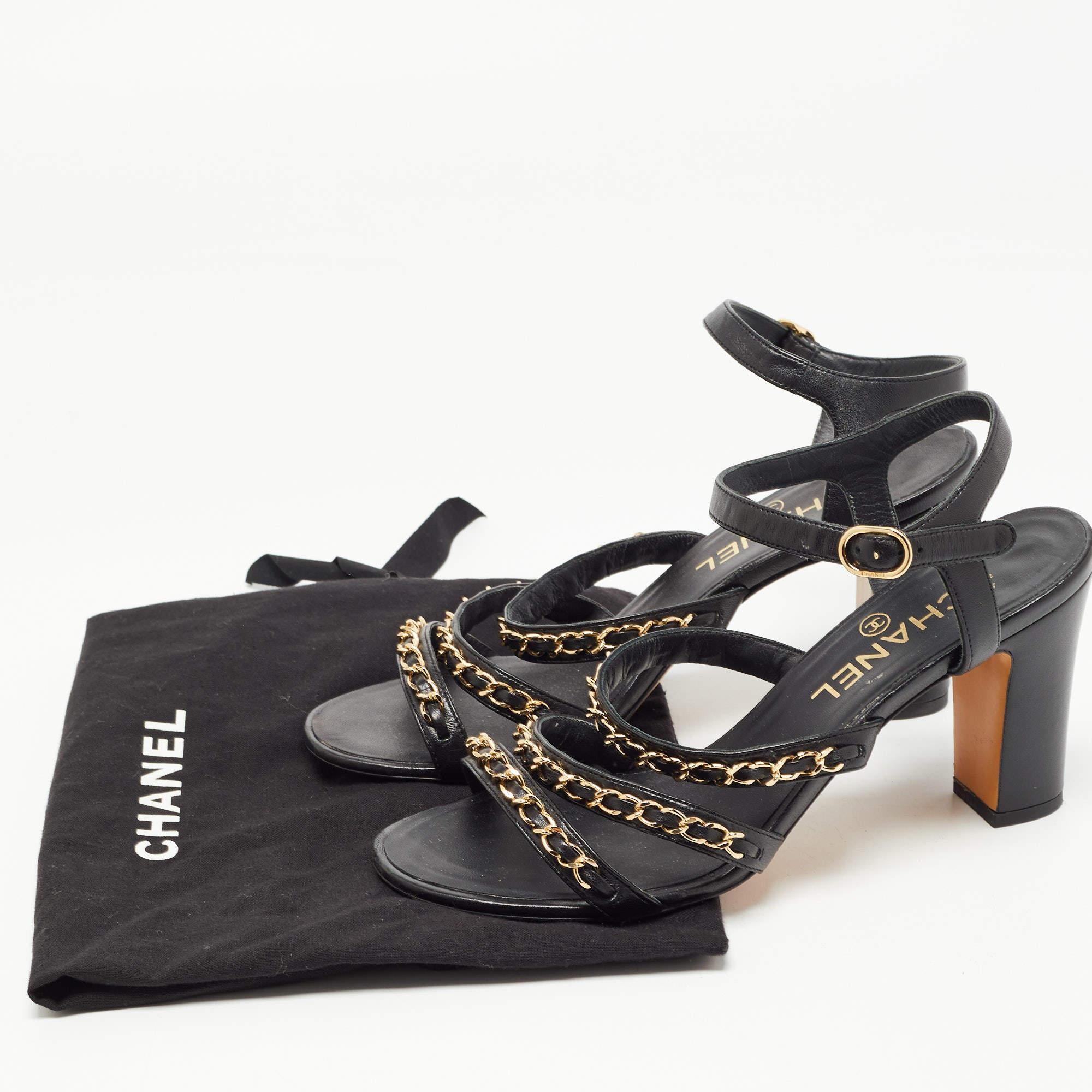 Chanel Black Leather CC Chain Detail Strappy Sandals Size 37 2