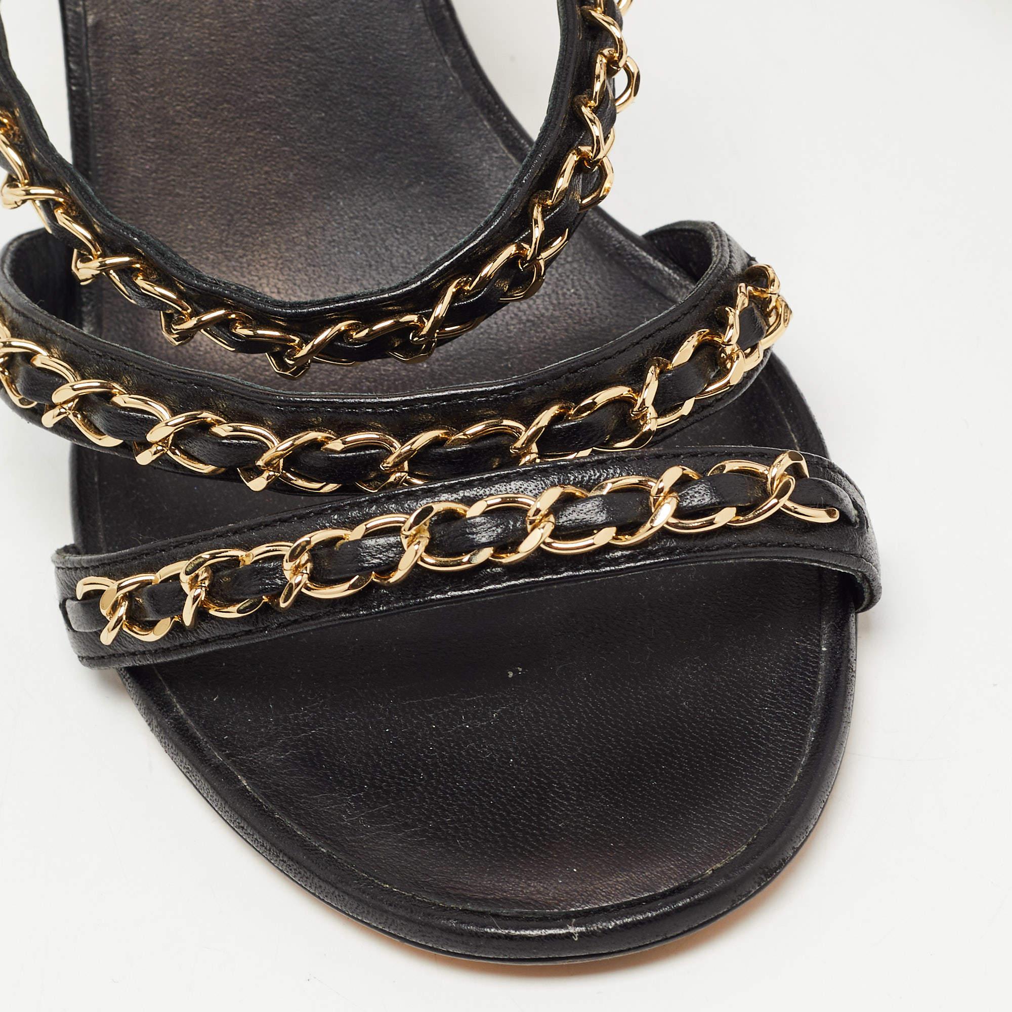 Chanel Black Leather CC Chain Detail Strappy Sandals Size 37 4
