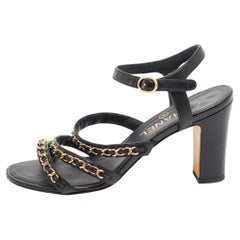 Chanel Black Leather CC Chain Detail Strappy Sandals Size 37