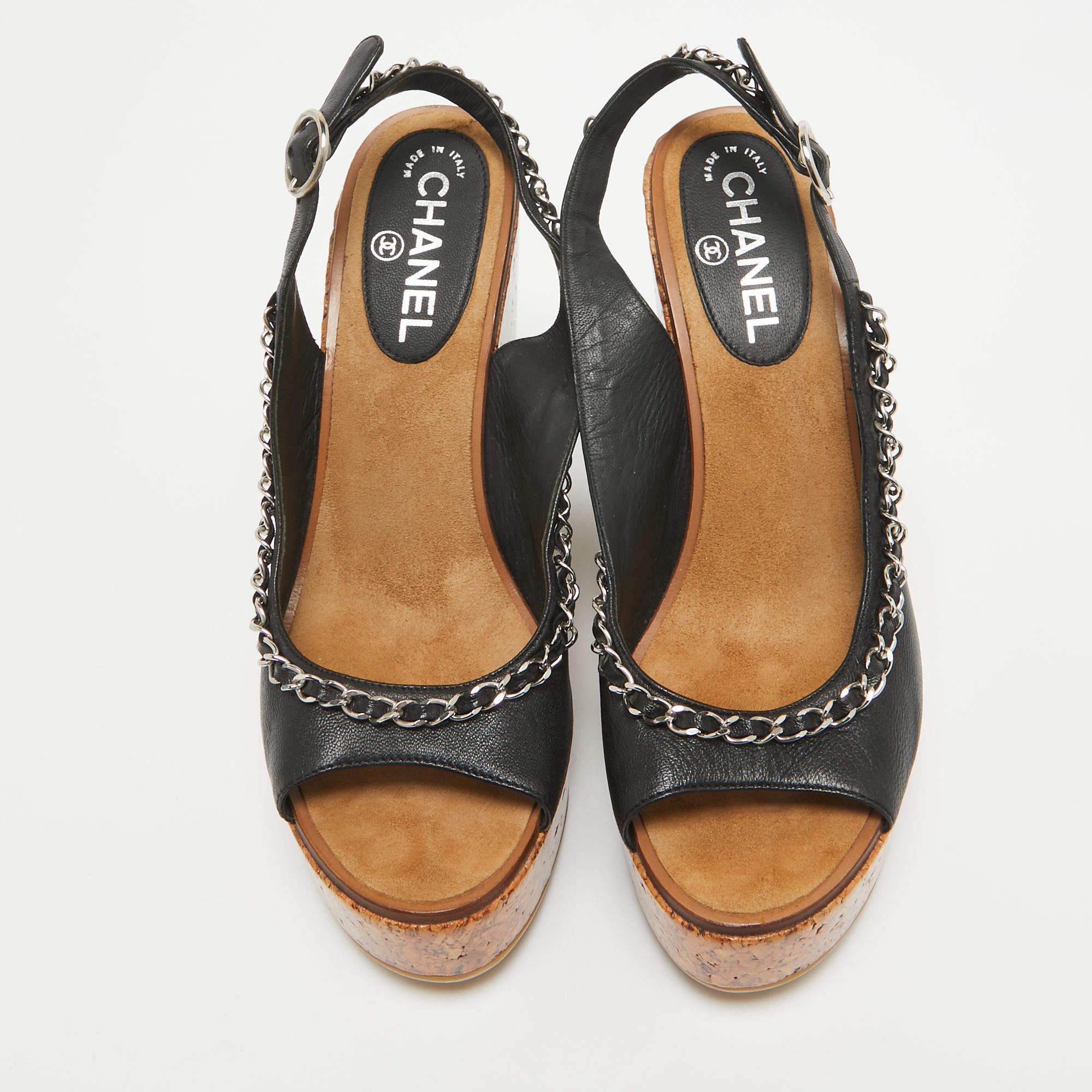 Brown Chanel Black Leather CC Chain Link Cork Platform Wedge Sandals Size 40