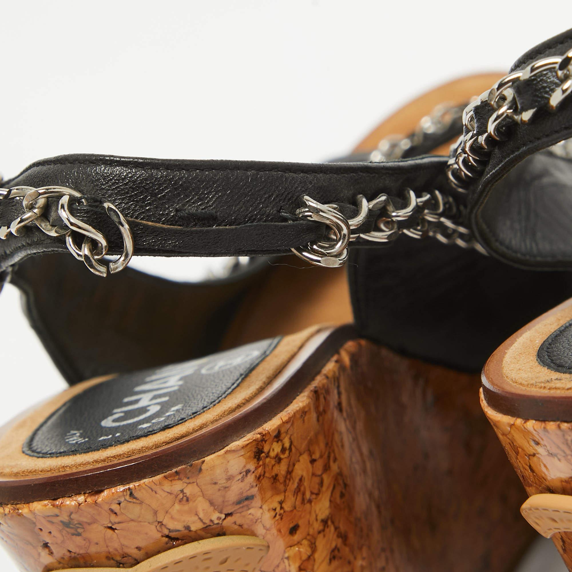 Chanel Black Leather CC Chain Link Cork Platform Wedge Sandals Size 40 1