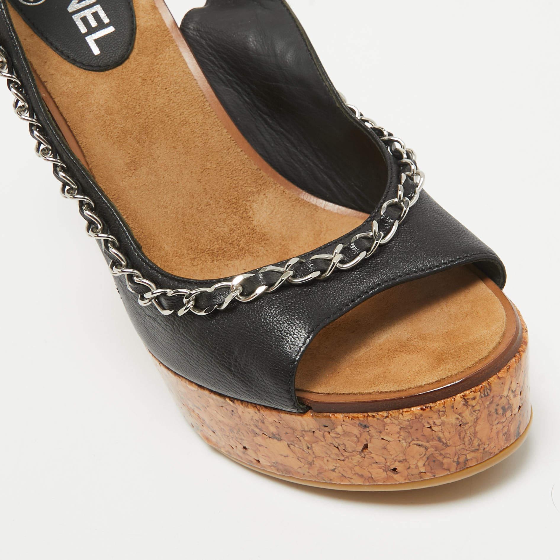 Chanel Black Leather CC Chain Link Cork Platform Wedge Sandals Size 40 3