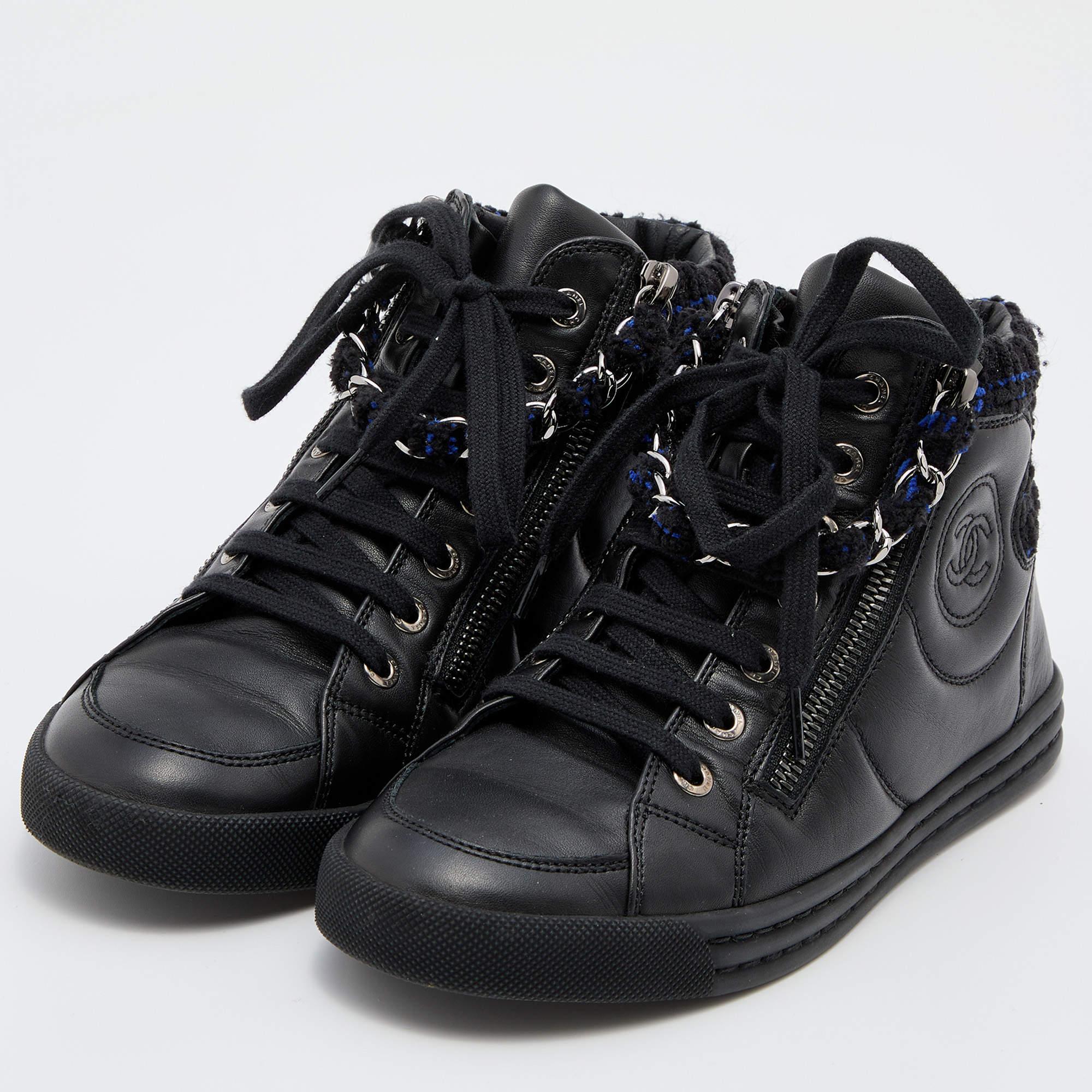 Women's Chanel Black Leather CC Chain Link High Top Sneakers Size 35