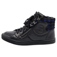 Chanel Black Leather CC Chain Link High Top Sneakers Size 35