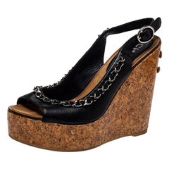 Chanel Black Leather CC Chain Link Wedge Sandals Size 35