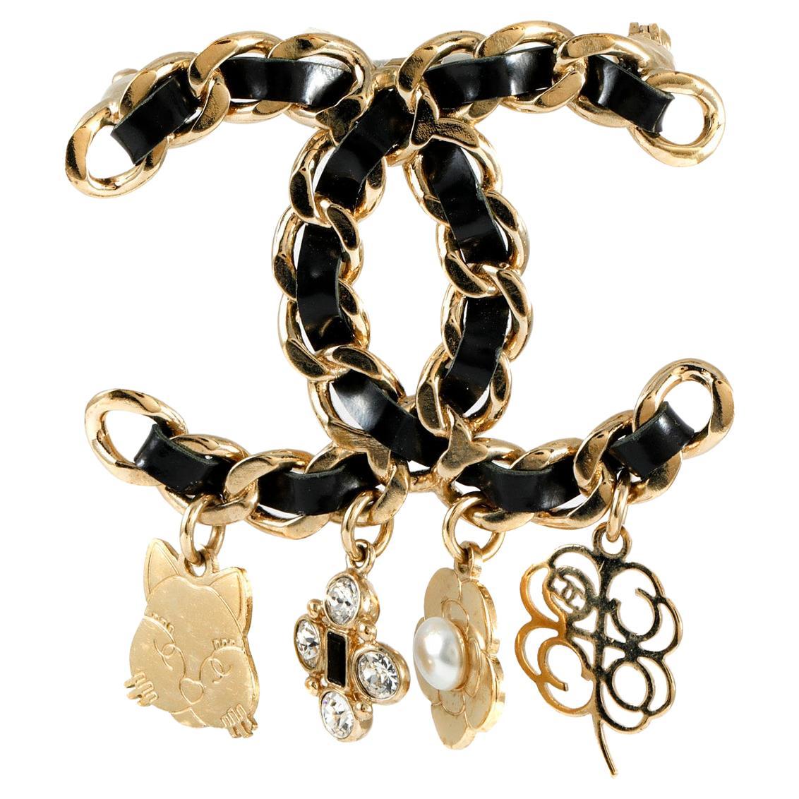 Chanel Black Leather CC Charm Brooch For Sale