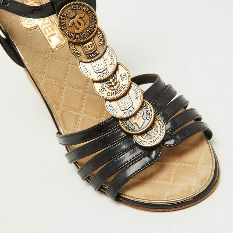 Chanel Black Leather CC Coin Embellished T-Bar Ankle Strap Wedge Sandals Size 37 For Sale 2