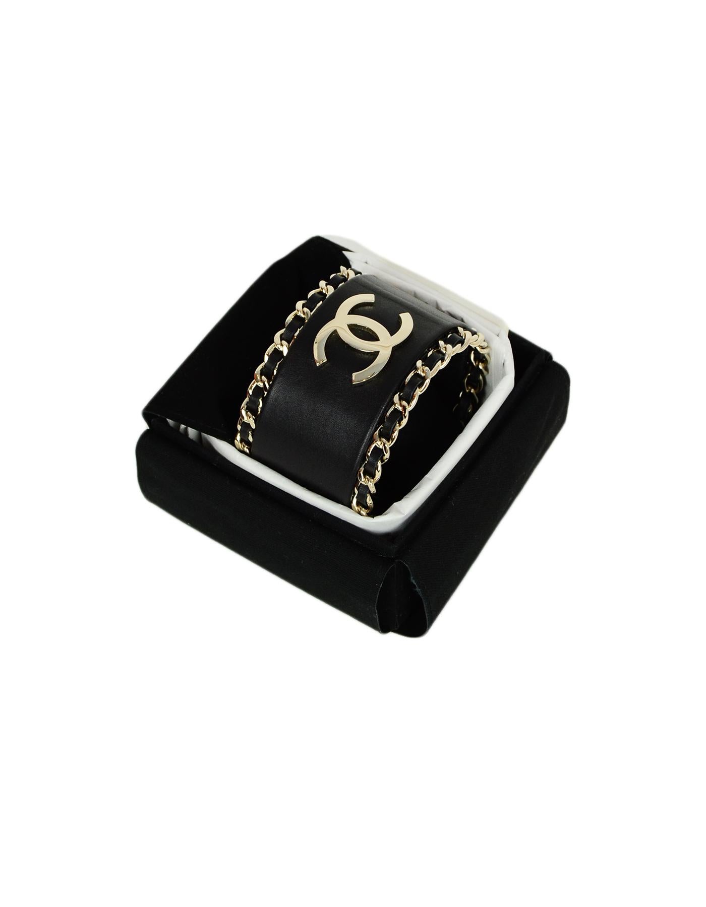 Women's Chanel Black Leather CC Cuff Bracelet w/ Leather Laced Chain Trim