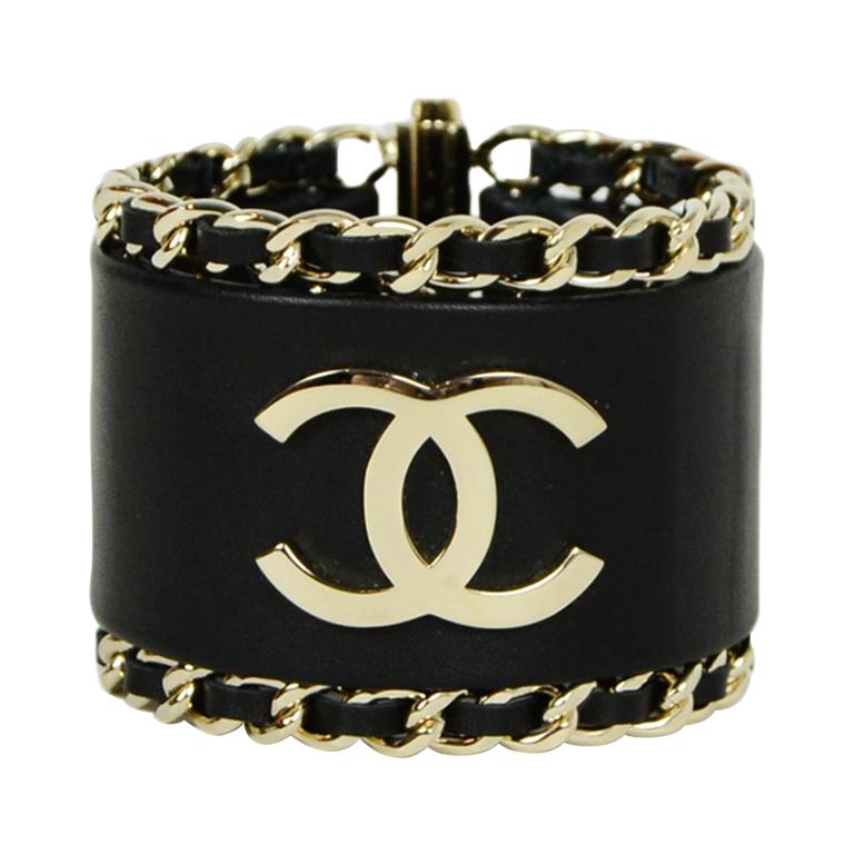 Chanel Black Leather CC Cuff Bracelet w/ Leather Laced Chain Trim