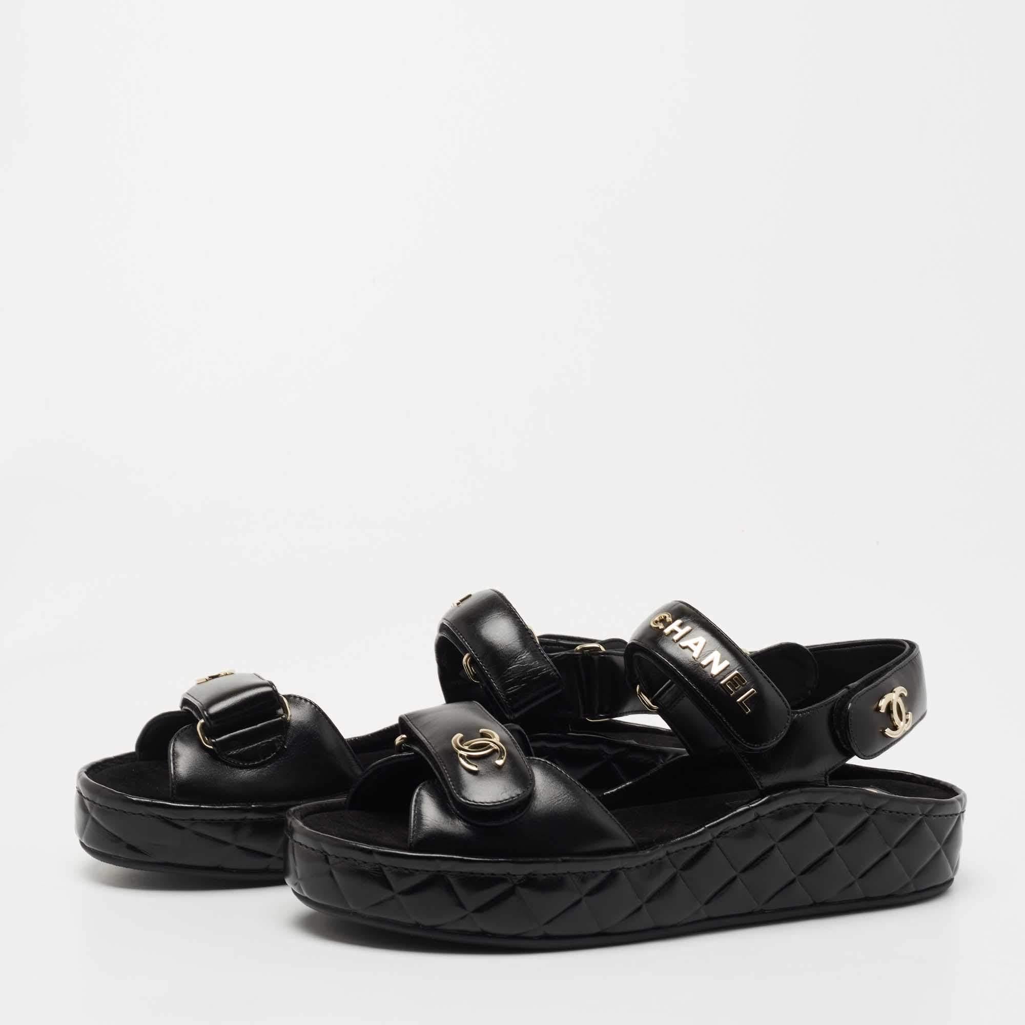 Chanel Dad Sandals Black Leather 6 For Sale on 1stDibs black