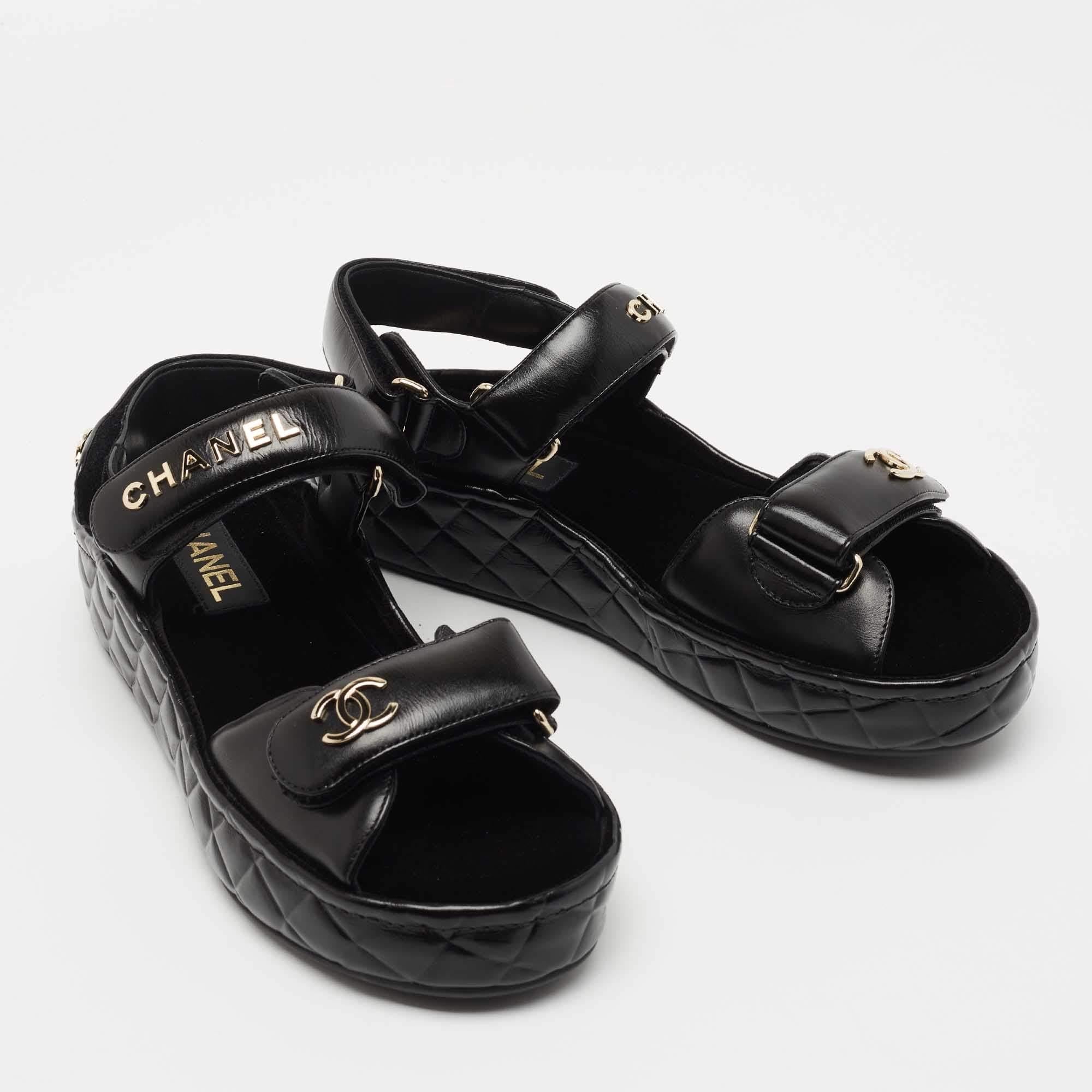 Chanel Black Leather CC Dad Flat Sandals Size 39 1