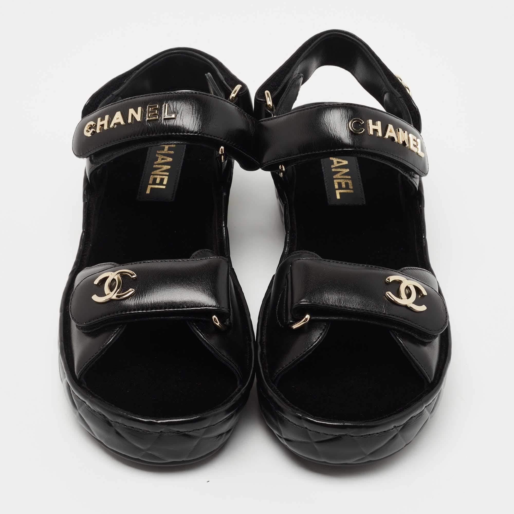 Chanel Black Leather CC Dad Flat Sandals Size 39 4