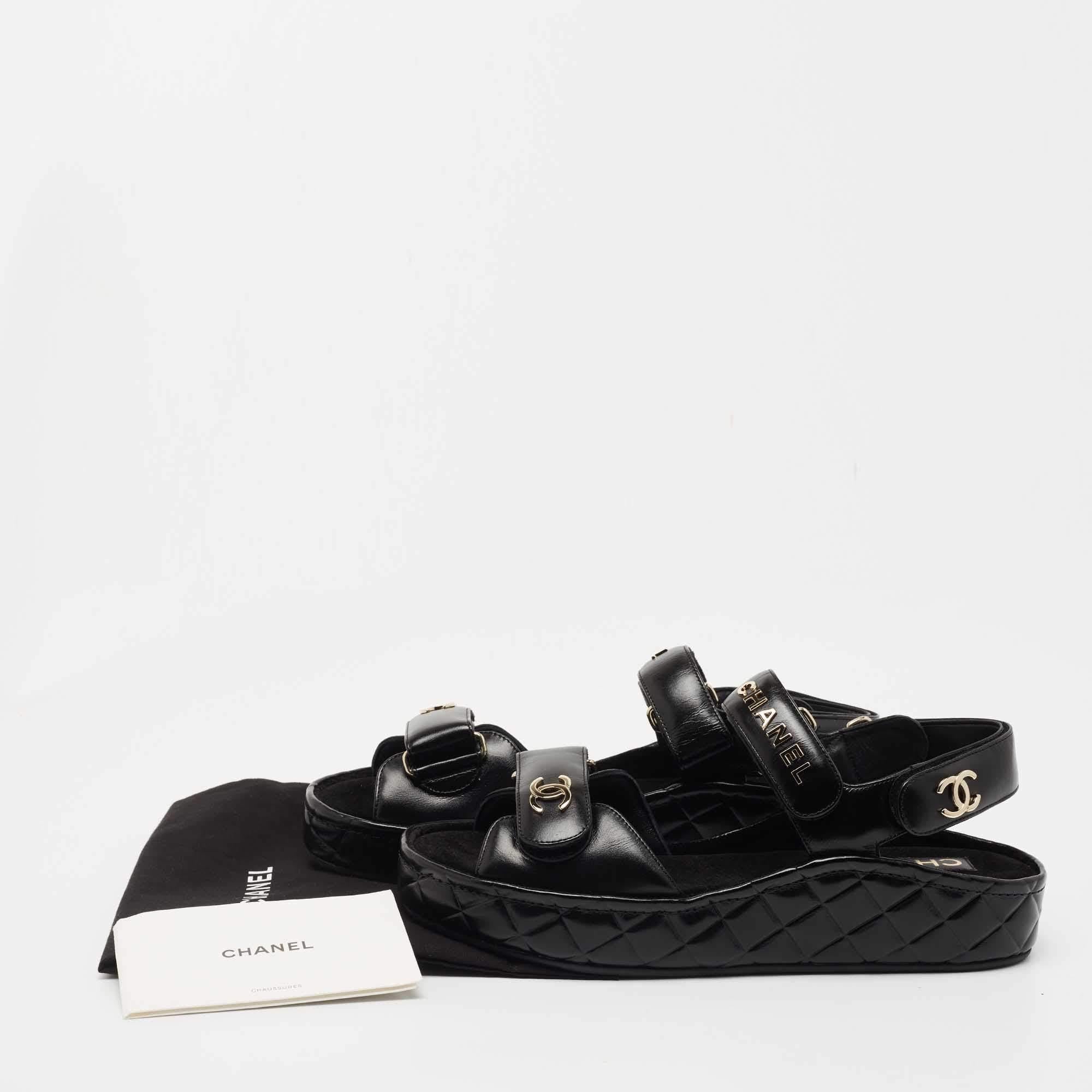 Chanel Black Leather CC Dad Flat Sandals Size 39 5