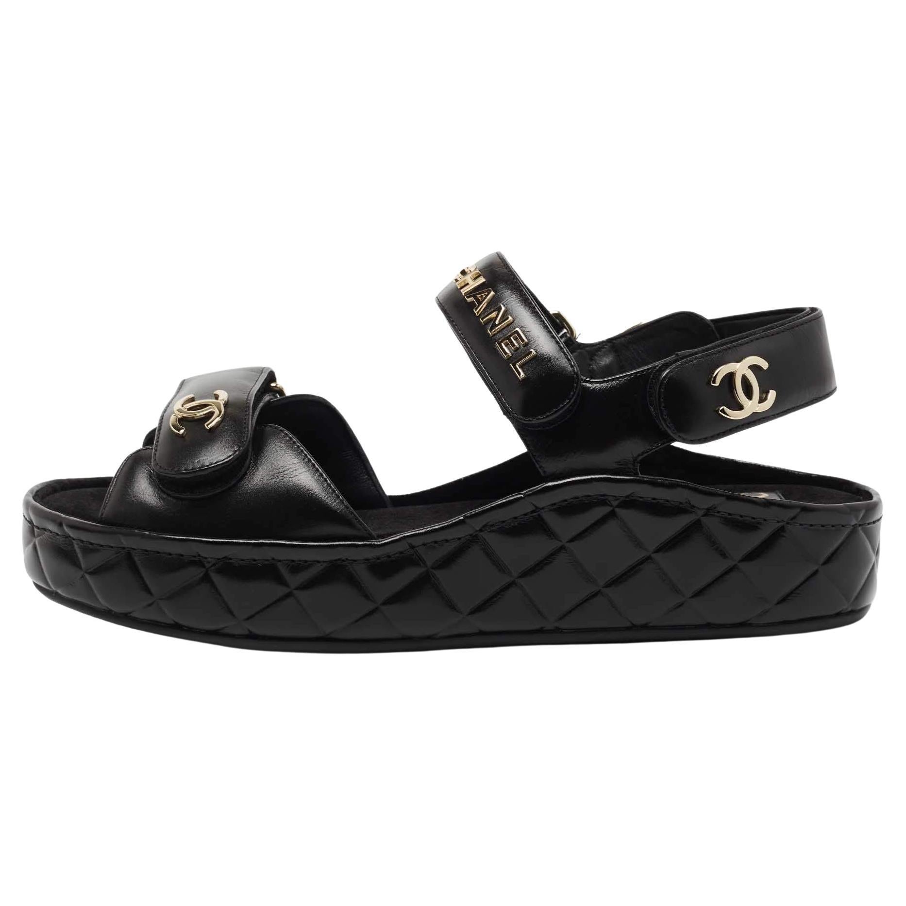Chanel Black Leather CC Dad Flat Sandals Size 39