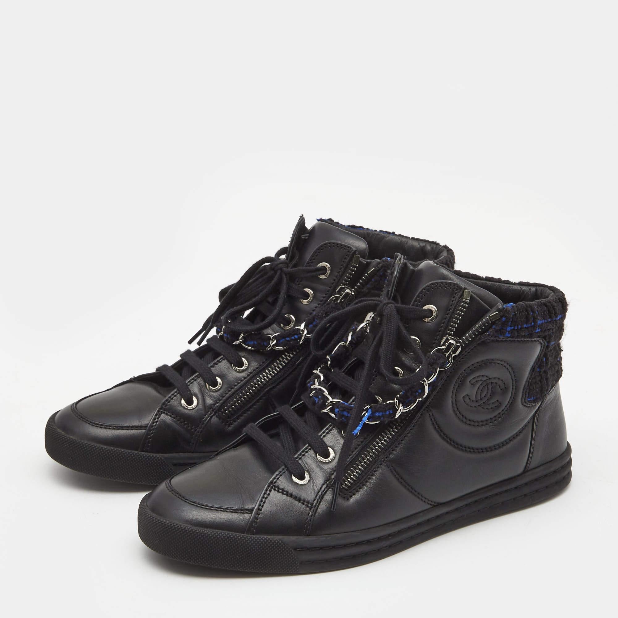 Men's Chanel Black Leather CC Double Zip Accent High Top Sneakers Size 38
