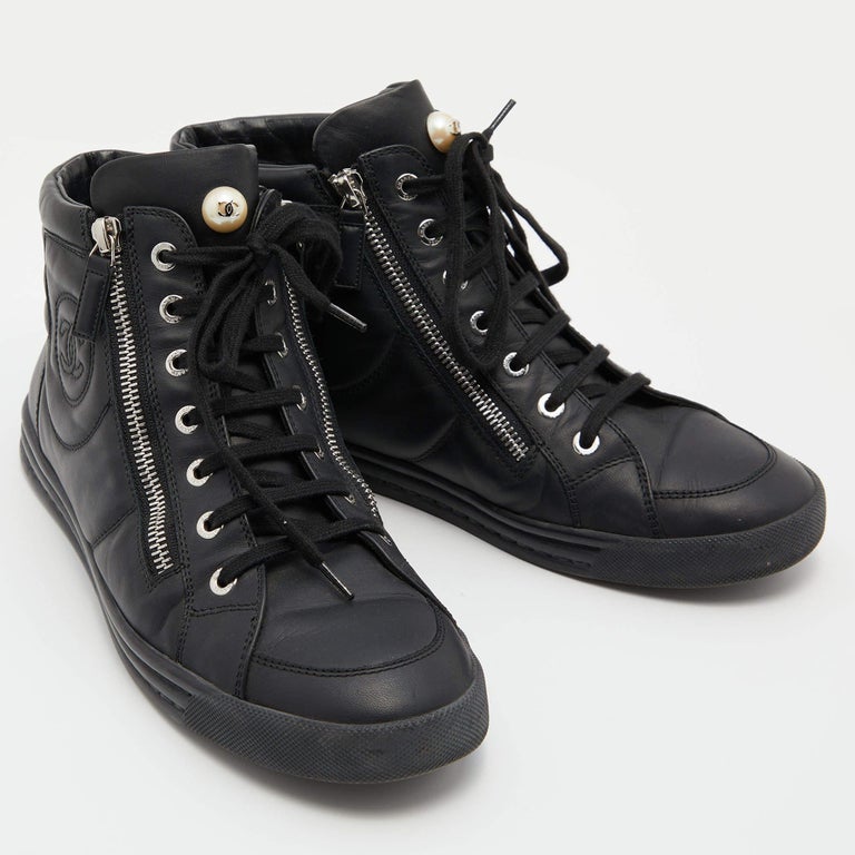 Chanel Black Leather CC Double Zip Accent High Top Sneakers Size 40