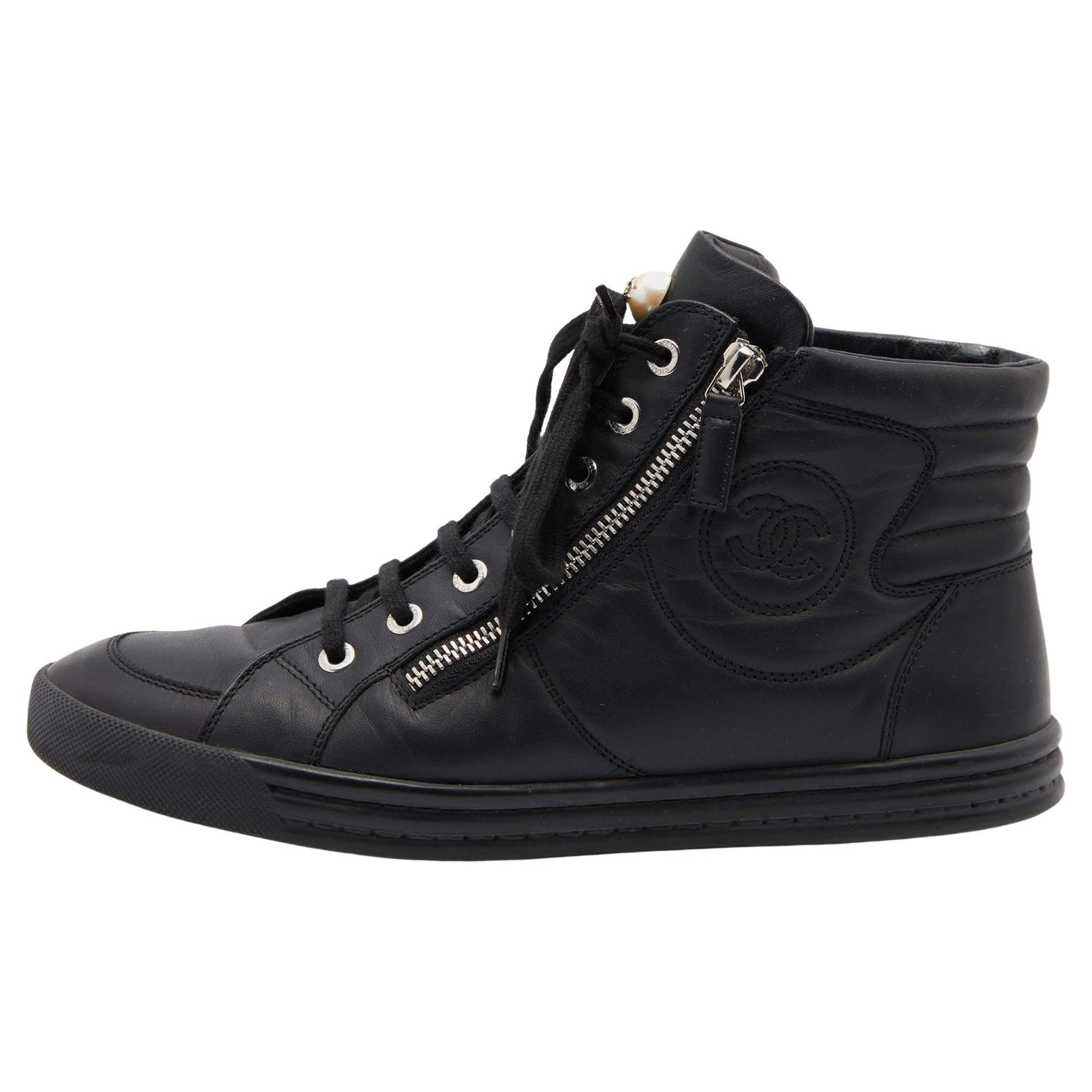 Chanel Black Leather CC Double Zip Accent High Top Sneakers Size 40