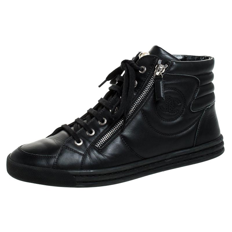 Chanel Black Leather CC Double Zip High Top Sneakers Size 40.5 For Sale ...