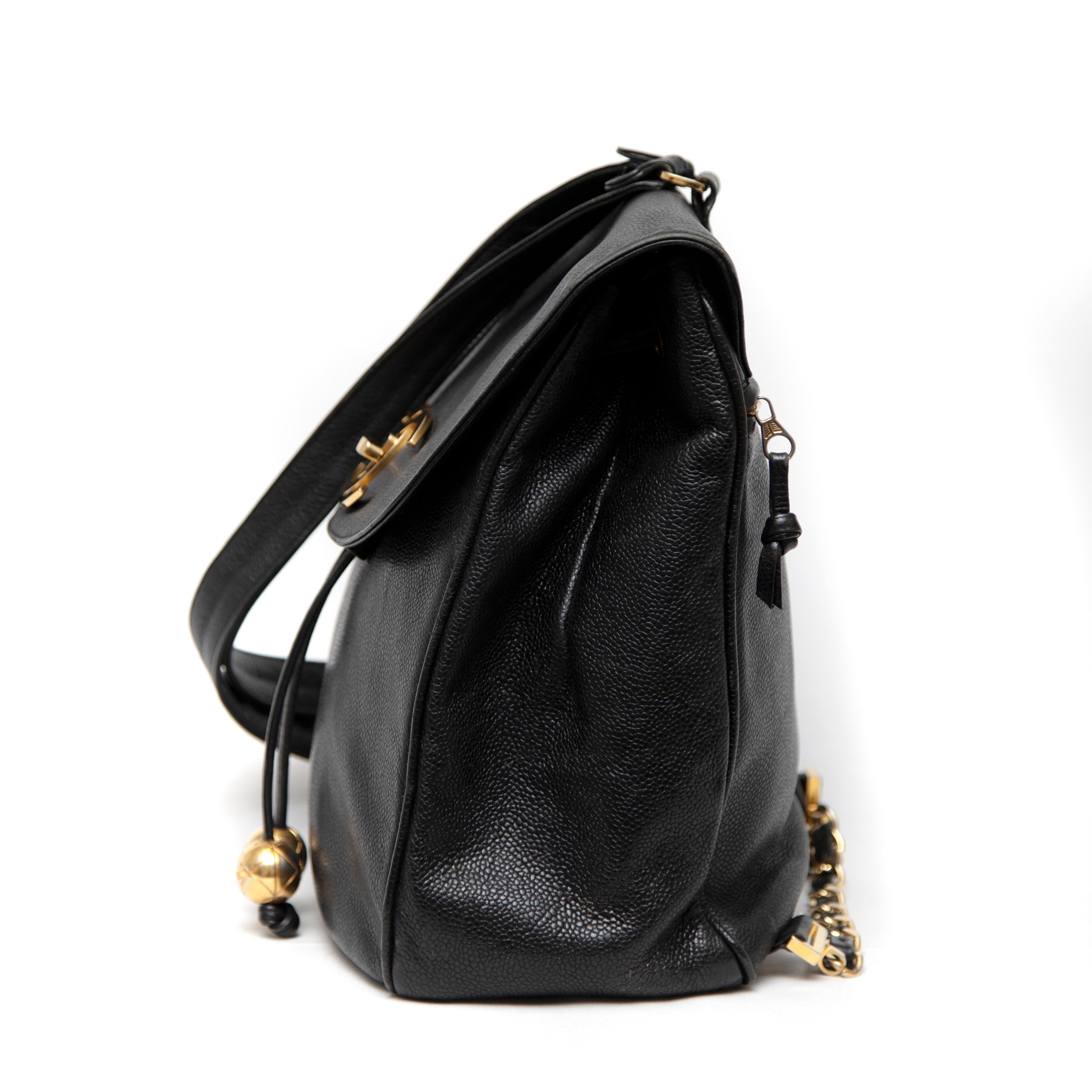 Chanel Black Leather CC Drawstring Backpack In Good Condition In West Hartford, CT