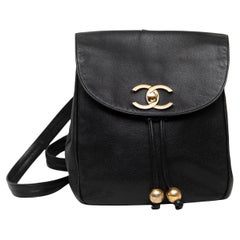 Chanel Black Leather CC Drawstring Backpack