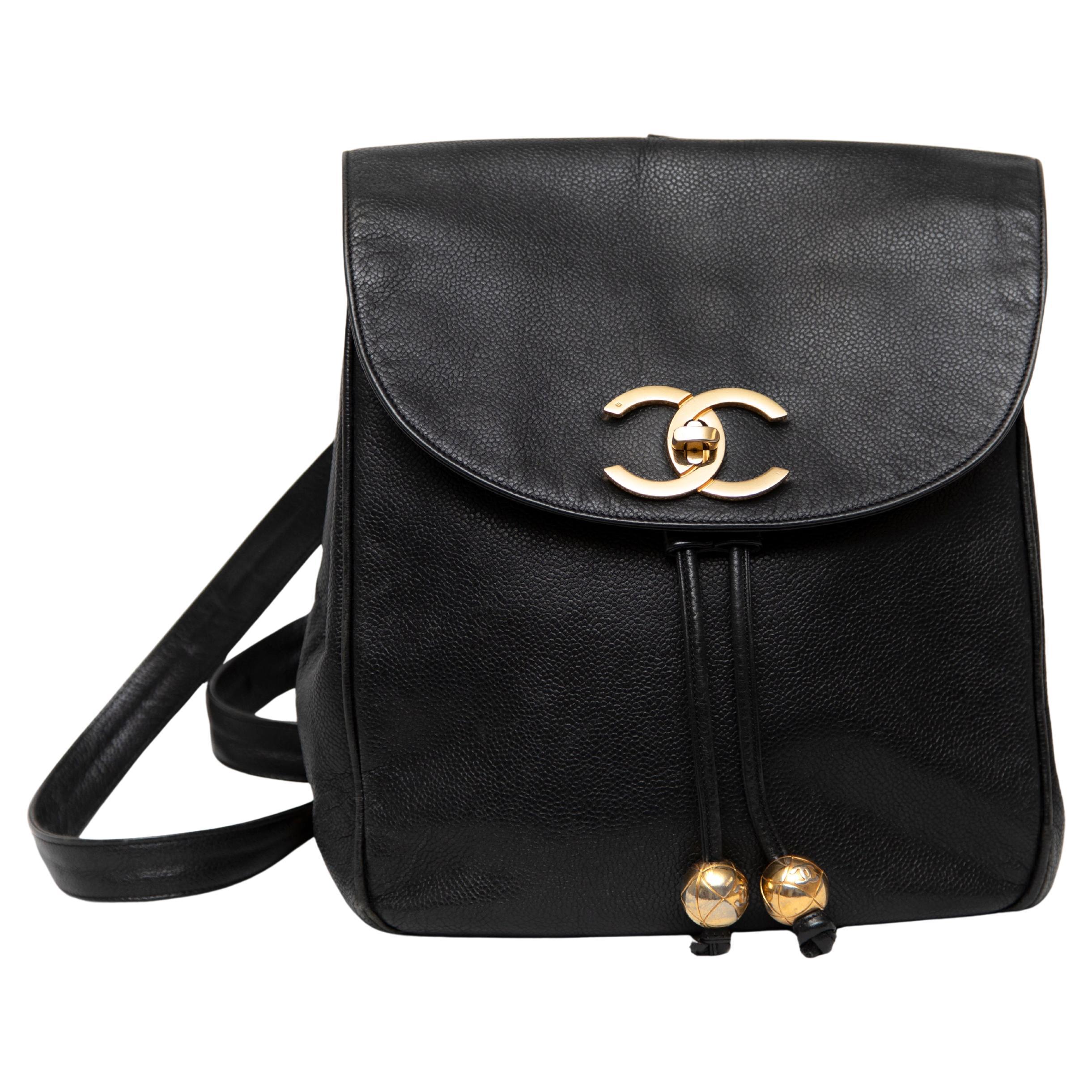 Chanel Black Leather CC Drawstring Backpack For Sale