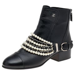 Chanel Black Leather CC Embellished Ankle Length Boots Size 38