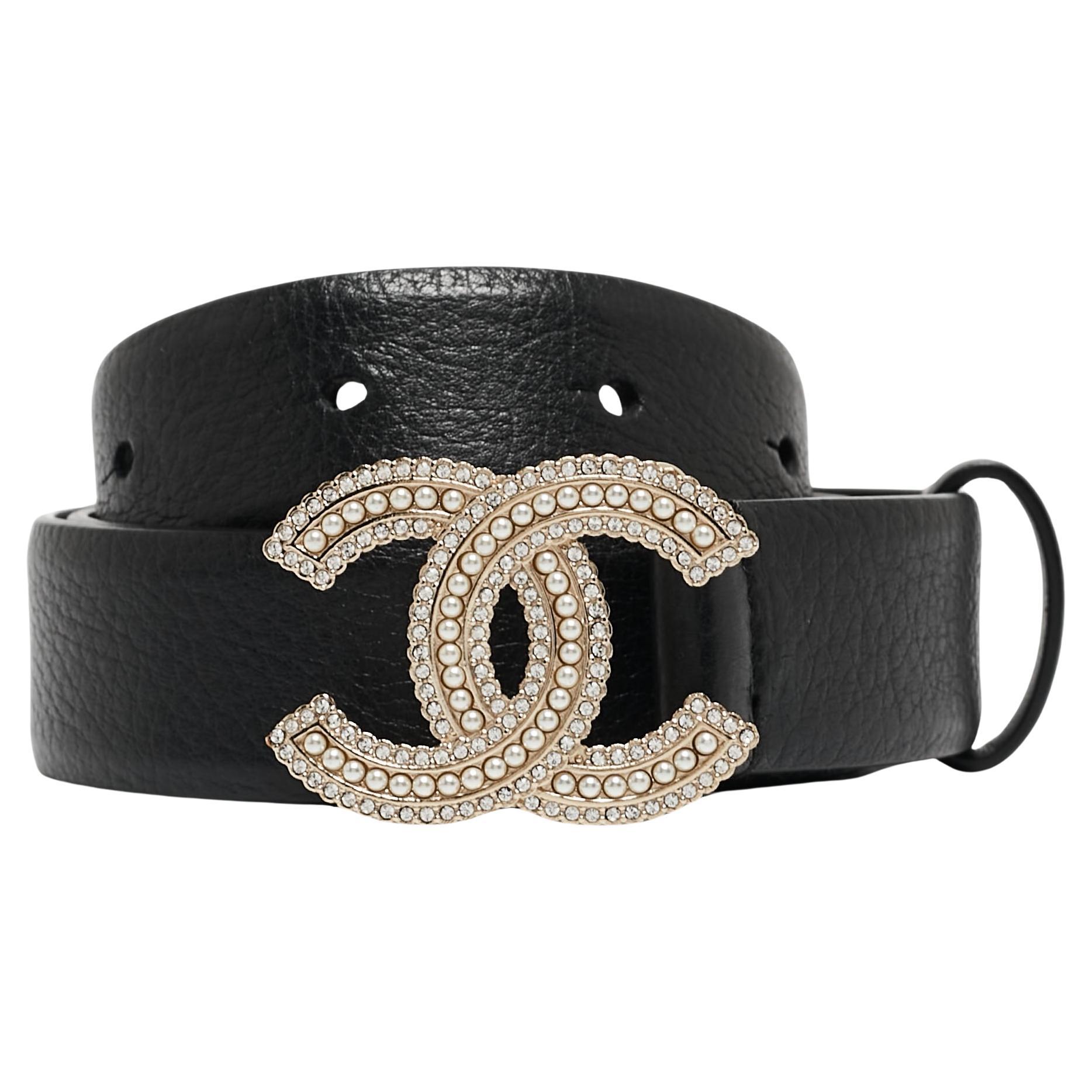 Chanel Black Leather CC Embellished Buckle Belt 90 CM