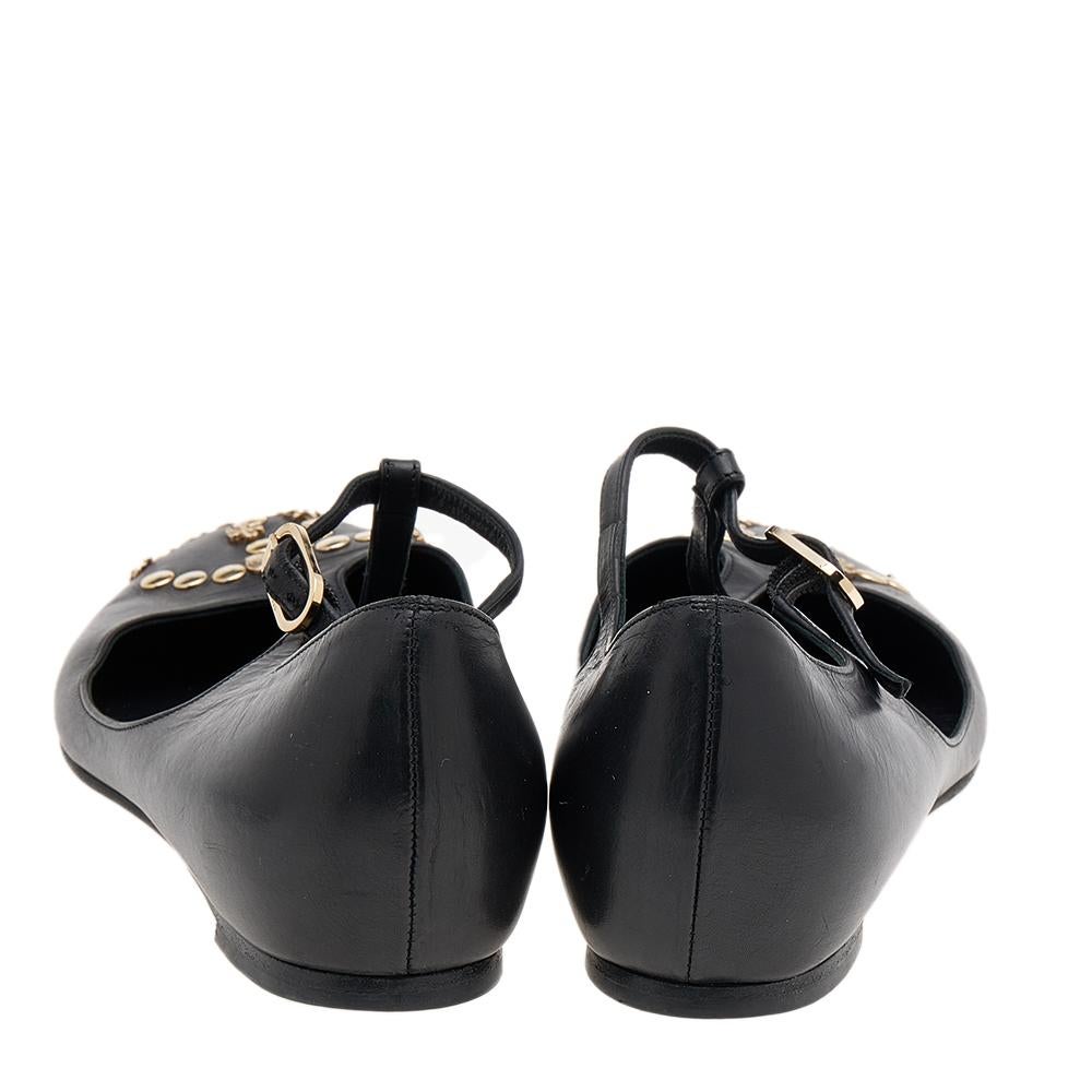 Women's Chanel Black Leather CC Embellished T Strap Ballet Flats Size 35.5