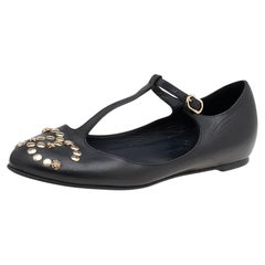 Chanel Black Leather CC Embellished T Strap Ballet Flats Size 35.5