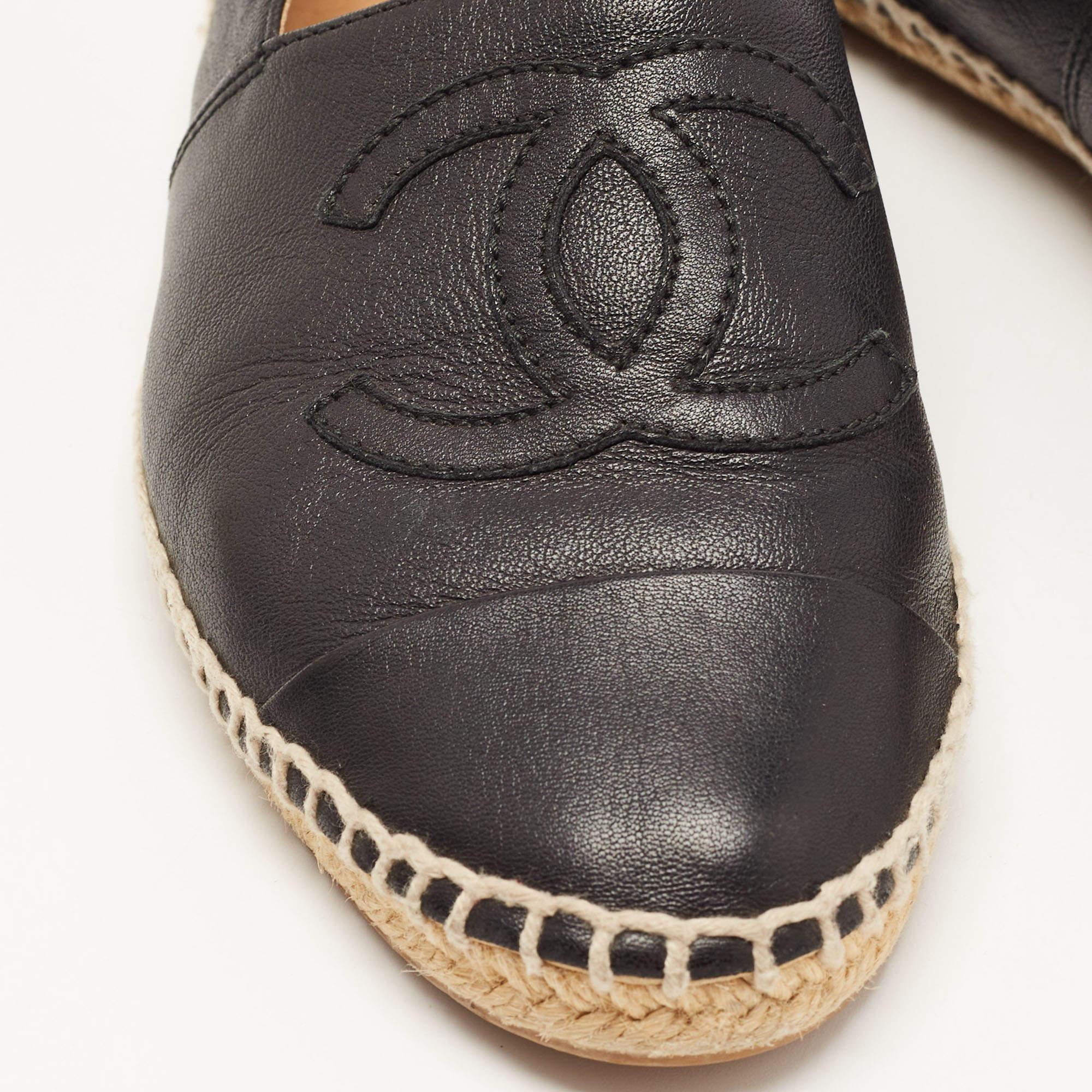 Chanel Black Leather CC Espadrille Flats Size 37 2