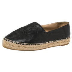 Chanel Black Leather CC Espadrille Flats Size 37