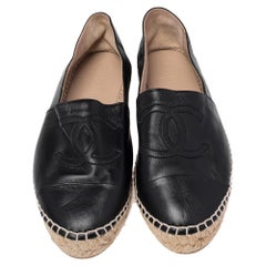 Chanel Black Leather CC Espadrille Flats Size 39