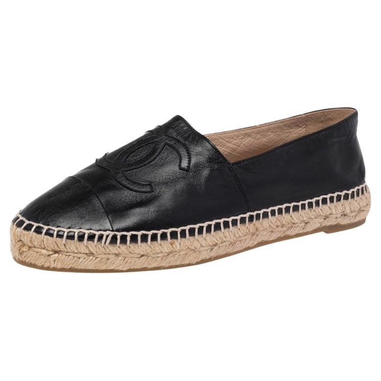 Chanel Black Leather CC Espadrille Flats Size 39