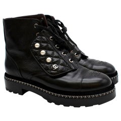 Chanel Black Leather CC Faux Pearl Detail Combat Boots - Us size 9