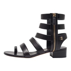 Chanel Black Leather CC Gladiator Flat Sandals Size 39