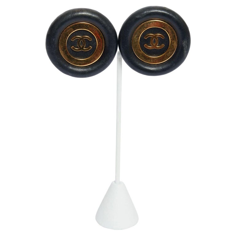 Chanel Black Leather/CC Gold Earrings For Sale at 1stDibs Chanel Black Leather/CC Gold Earrings