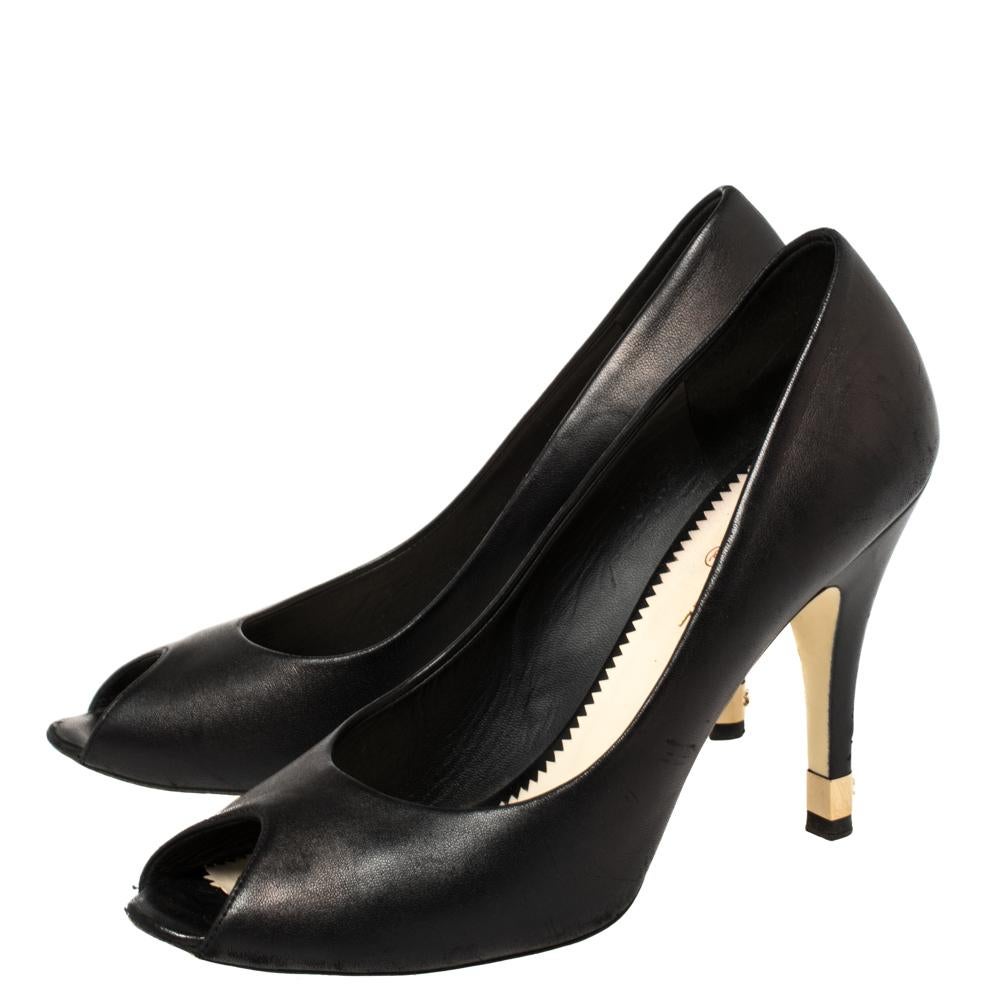 Chanel Black Leather CC Heel Peep Toe Pumps Size 39 1