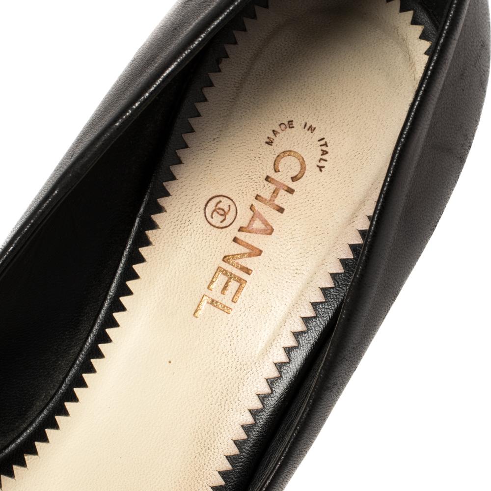 Chanel Black Leather CC Heel Peep Toe Pumps Size 39 2