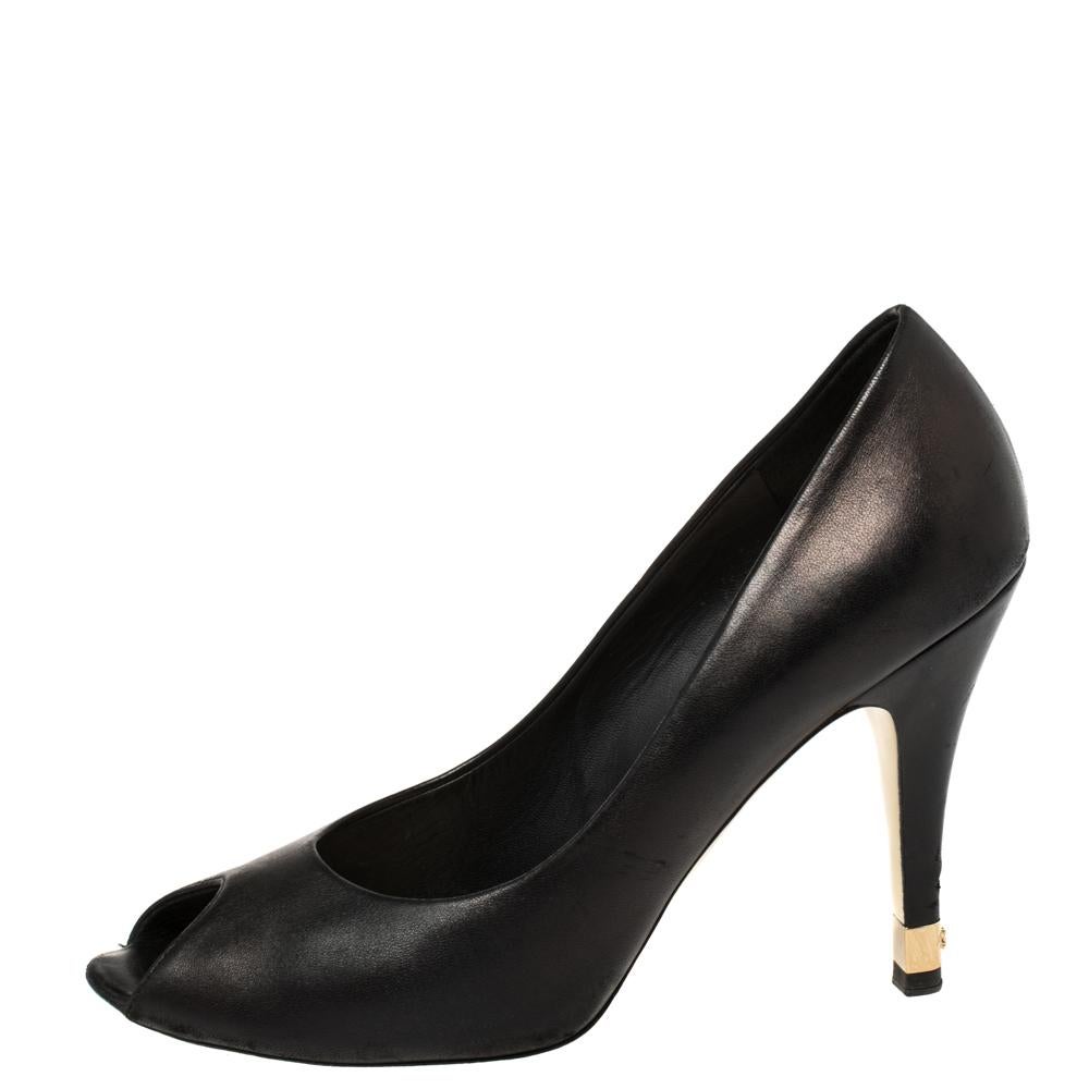 Chanel Black Leather CC Heel Peep Toe Pumps Size 39 3