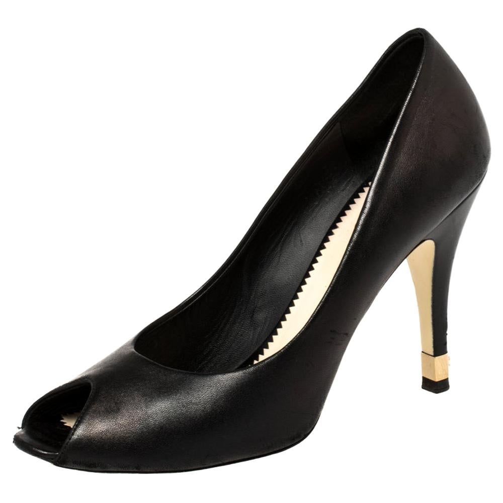 Chanel Black Leather CC Heel Peep Toe Pumps Size 39